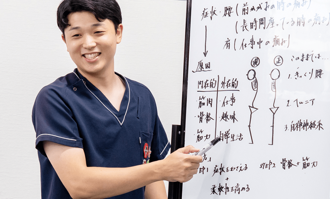 紺色の医療ユニフォームを着た人物がホワイトボードを指し、腰や肩の痛みの原因について説明している