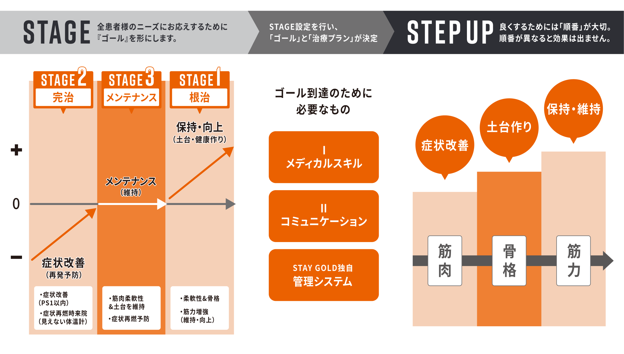 患者ケアの段階的アプローチを示す図。左に根治・完治・メンテナンスの3ステージ、中央にゴール達成に必要な要素（医療スキル・コミュニケーション・管理システム）、右に症状改善→土台作り→維持の順序を示すステップアップが描かれている。